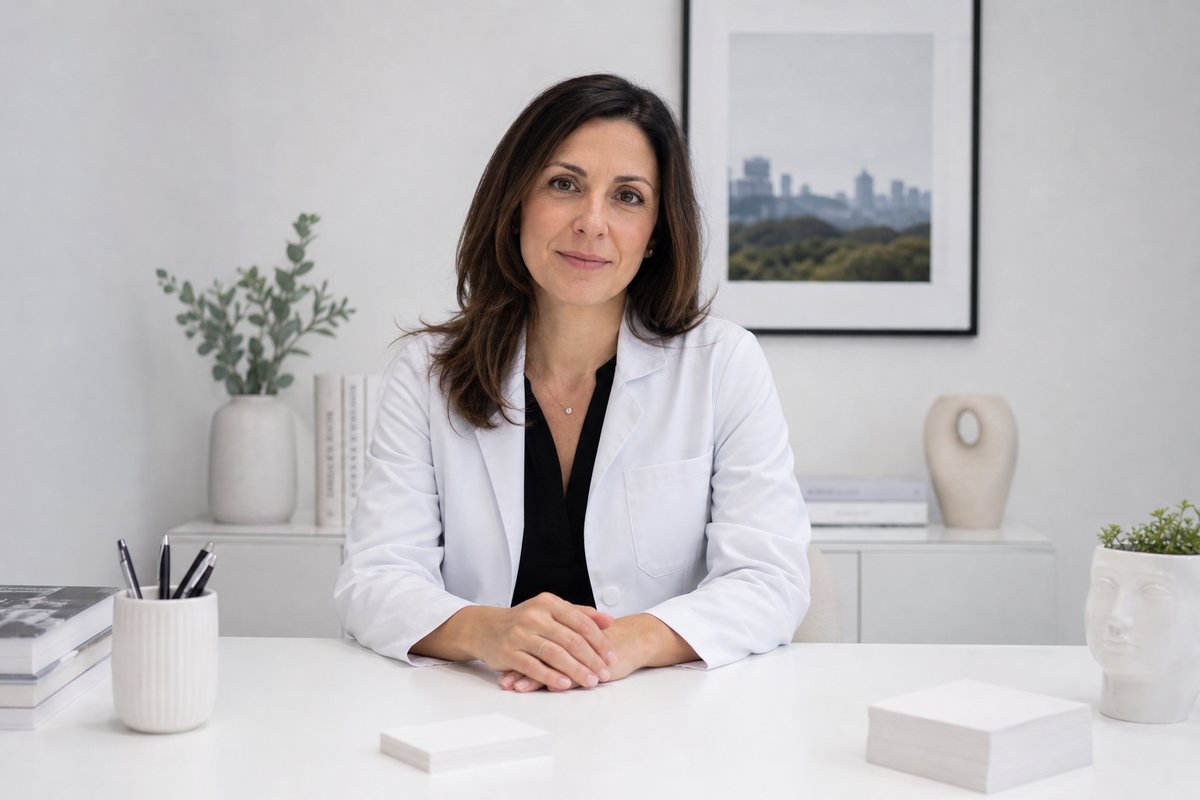 Portrait-style desk vignette for Dr. Camille Rousseau on surgical white backdrop