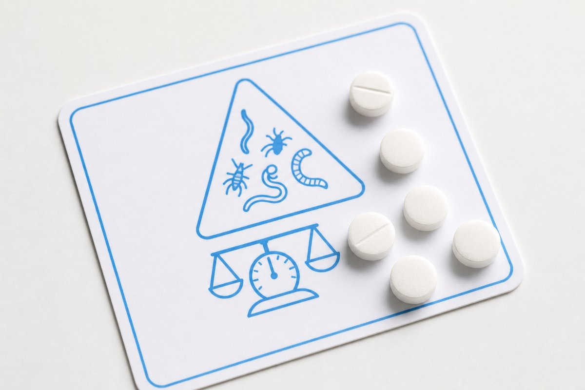 White ivermectin tablets on label-parasites-only card with weight-scale icon