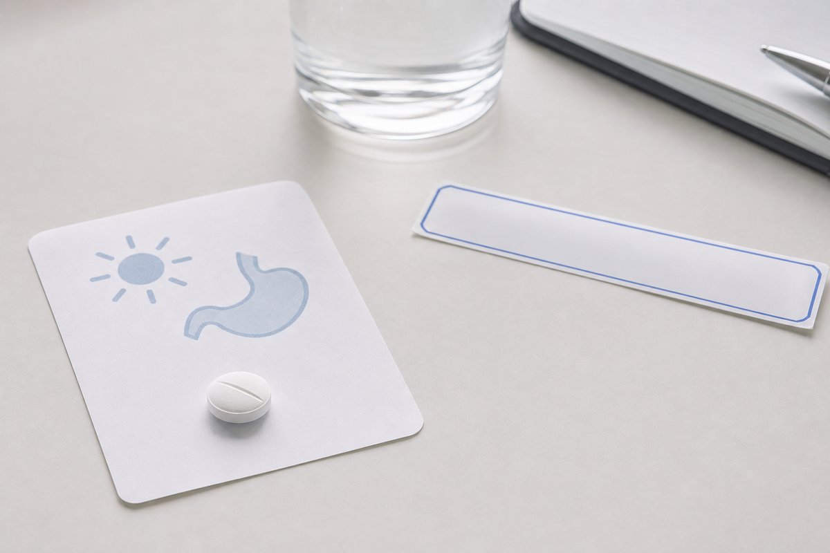Levothyroxine tablet on empty-stomach morning card with TSH lab strip