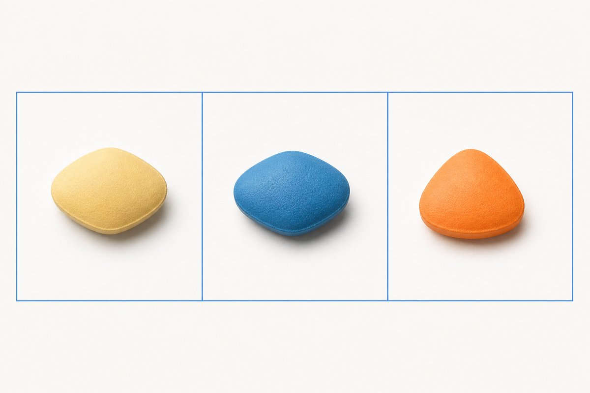 Three PDE5 tablets aligned on contrast grid with signal-blue hairline borders