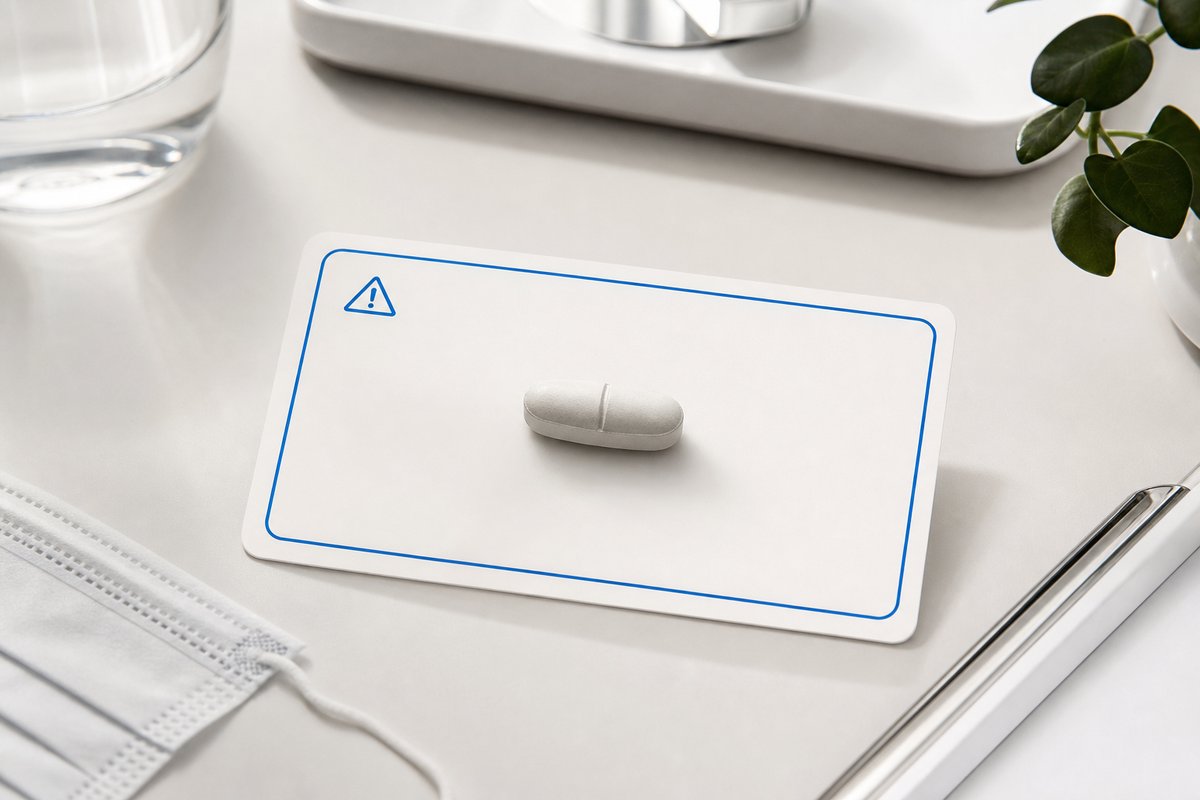 Single combo tablet with dual-active caution outline on white card