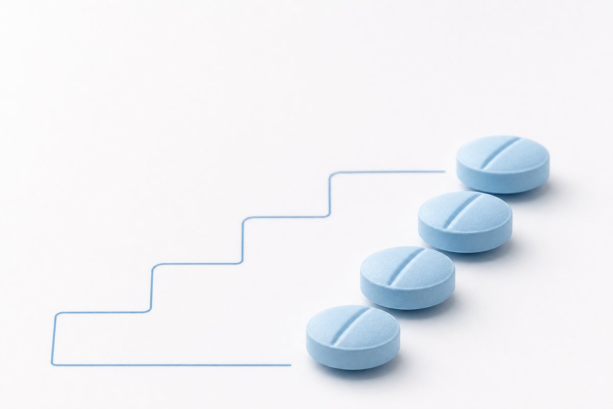 Stepped dose ladder sketch next to sildenafil tablets on white panel