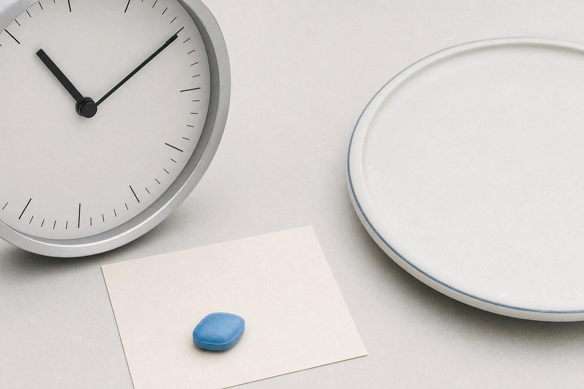 Clock and empty plate outline beside sildenafil tablet on note card