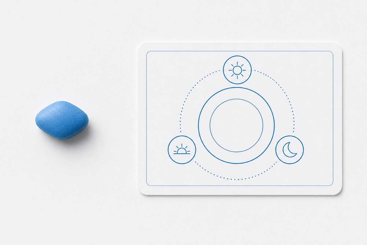 Blue sildenafil tablet next to an empty-plate meal-timing diagram on off-white panel
