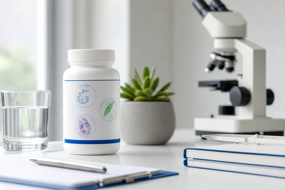 Stromectol bottle silhouette with approved-parasite icons only