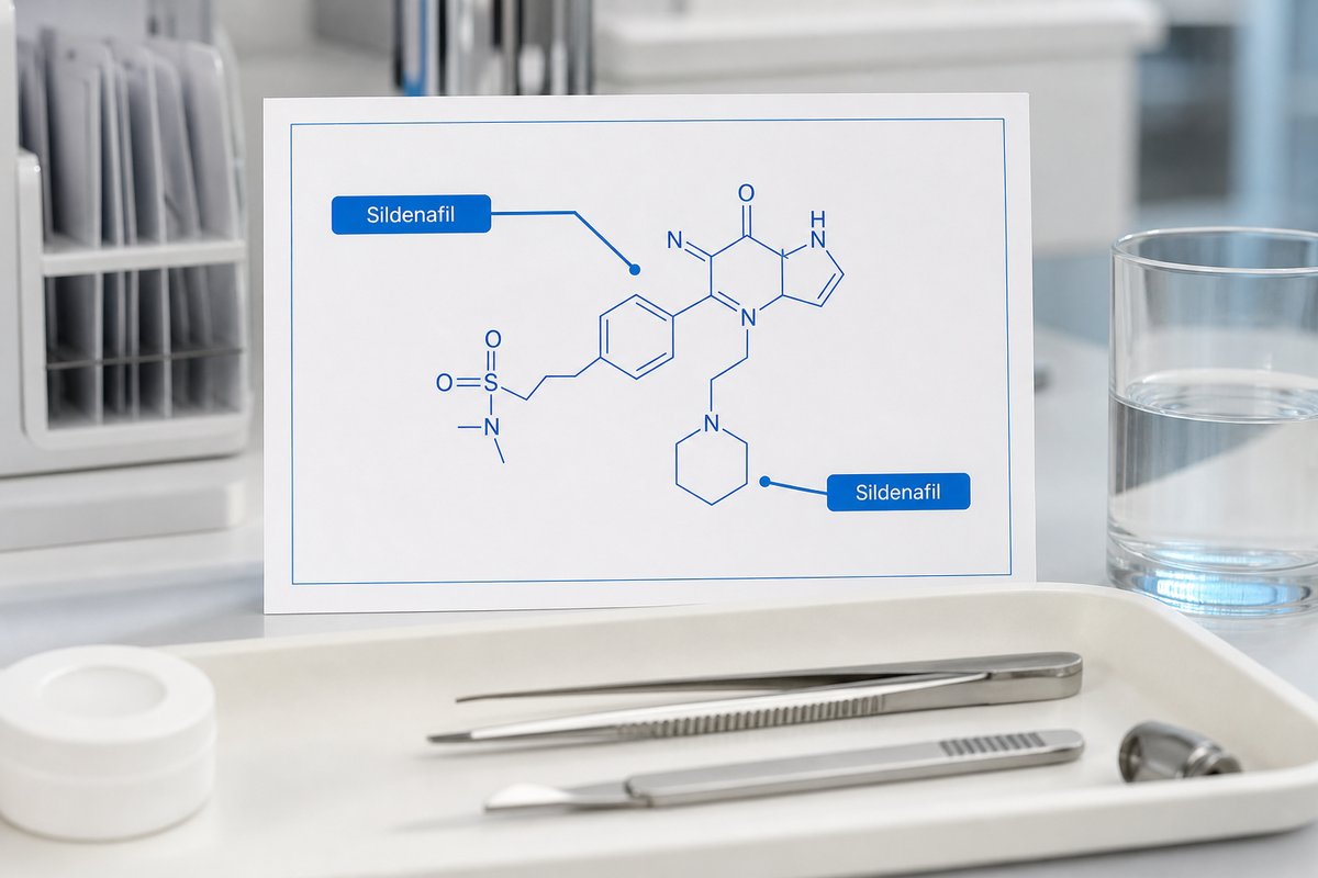 Suhagra and Viagra name tags pointing to same sildenafil molecule diagram