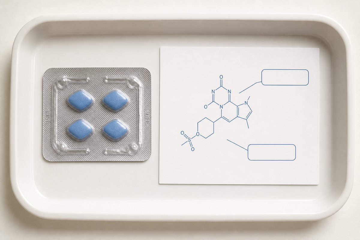 Suhagra blister beside Viagra-name comparison card on white instrument tray