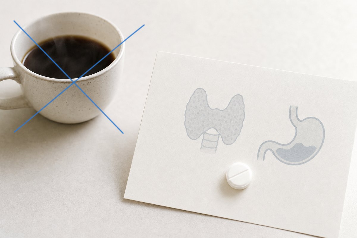 Morning coffee cup crossed out beside levothyroxine on empty-stomach card