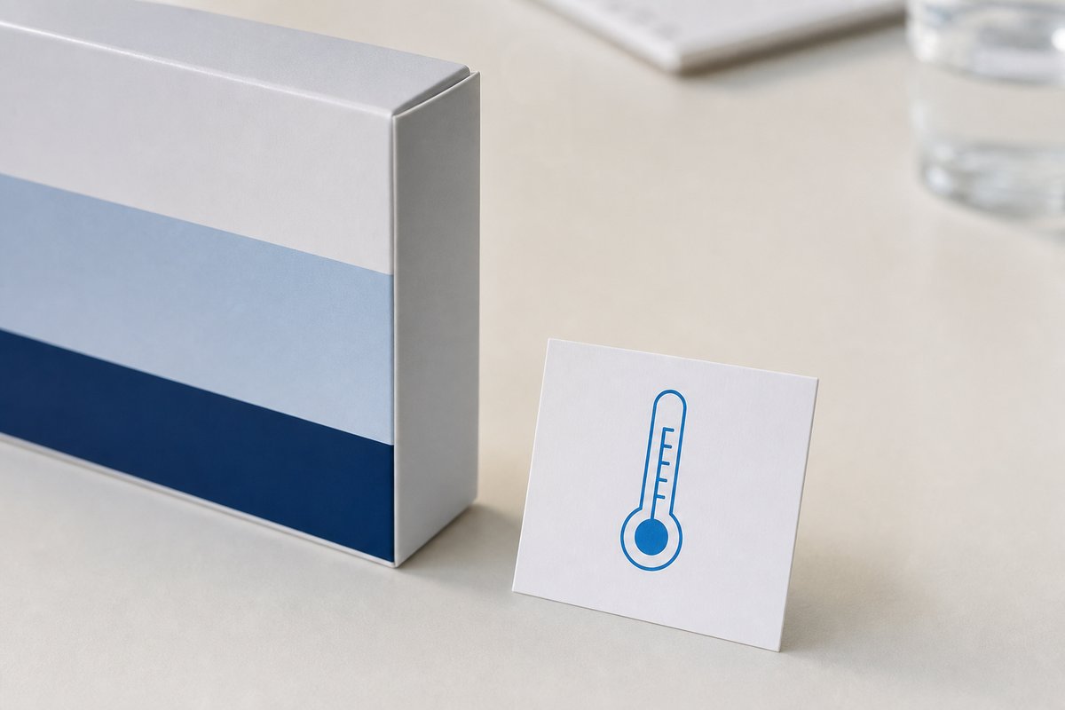 Tadagra box corner on off-white desk with storage temperature note card