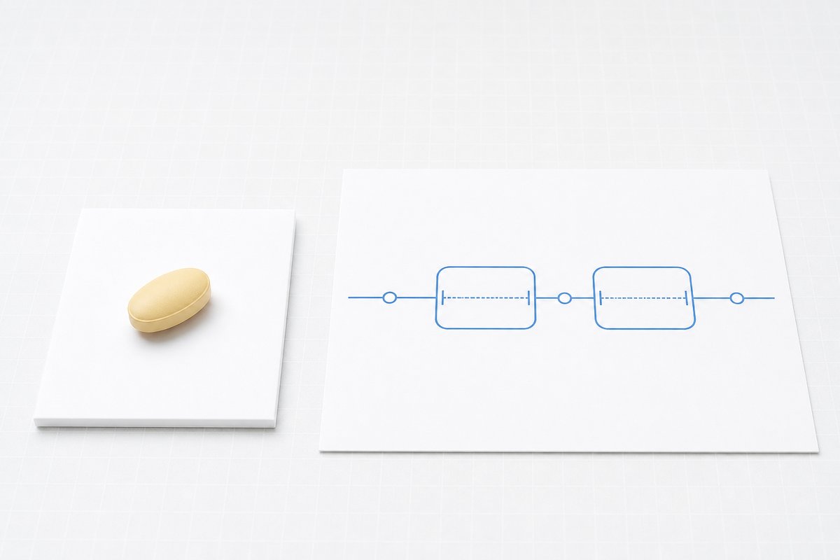 Pale yellow tadalafil tablet on elevated white card beside a weekend-window timeline sketch