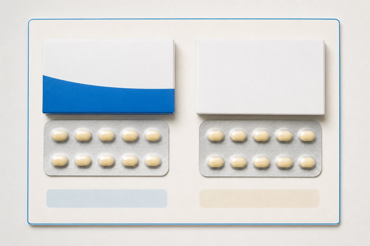 Side-by-side Tadarise and generic tadalafil labels on comparison card