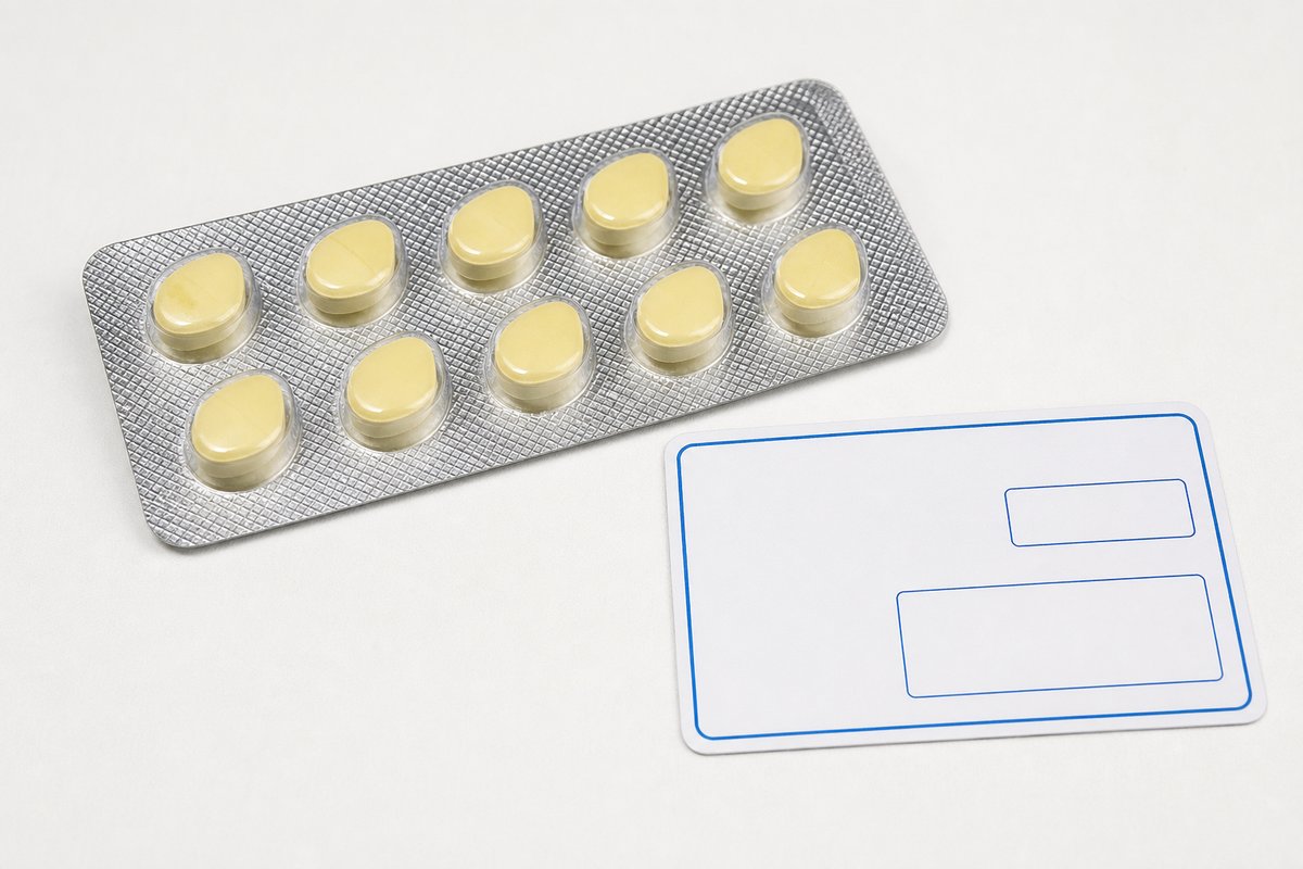 Tadarise blister strip on surgical white surface with strength-label callout