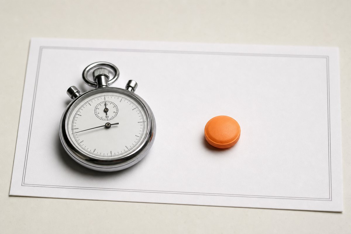 Stopwatch and vardenafil tablet on fast-onset margin note